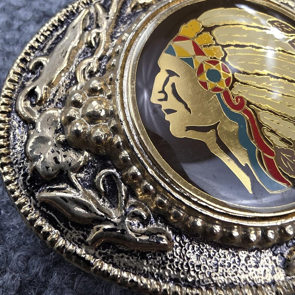 Vintage Brass Tone Belt Buckle Indian Chief Head USA No. 851 3x2.5in Western - Picture 2 of 10